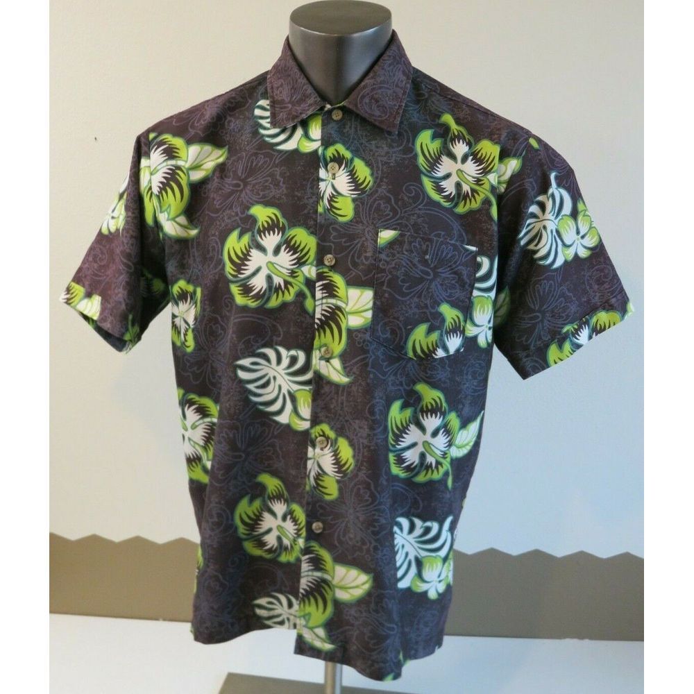 Mens Vintage Flipbox Short Sleeve Button Front Floral Gray Green Shirt‎ Size L